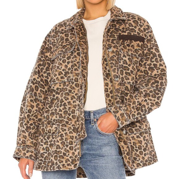 Free People Jacket Women’s Medium Military Field Camo Leopard Print Zip Button - Picture 1 of 16